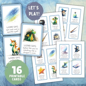 May include: A collection of 16 printable cards with a fantasy theme. Each card features illustrations of wizards, dragons, and magical items, with phrases like "spin and cast a sparkle spell!" and "tiptoe like you're sneaking into a dragon's cave."
