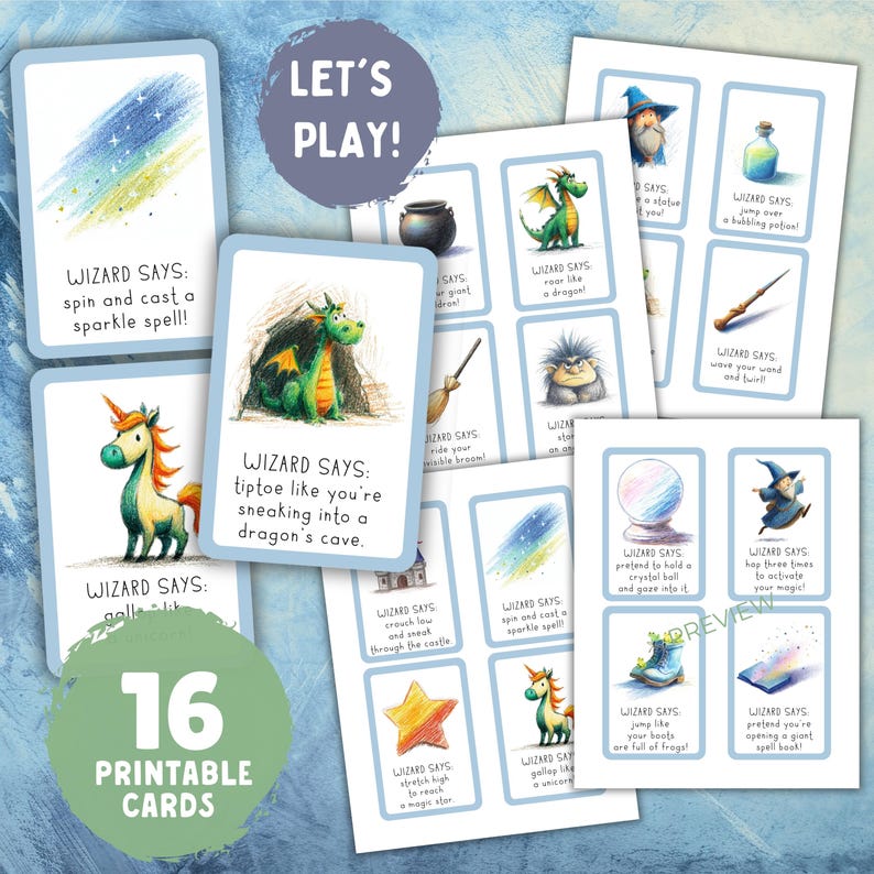May include: A collection of 16 printable cards with a fantasy theme. Each card features illustrations of wizards, dragons, and magical items, with phrases like "spin and cast a sparkle spell!" and "tiptoe like you're sneaking into a dragon's cave."