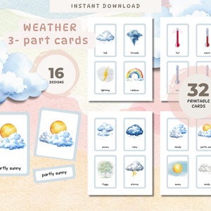 WEATHER 3-part Cards, Flash Cards, Calming Corner Activity, Montessori homeschool preschool, Weather conditions Flashcards, Weather Unit