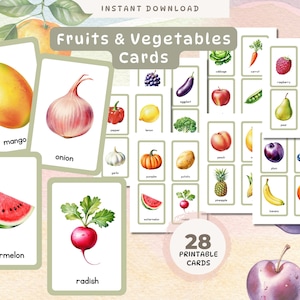 Fruits and Vegetables Cards Montessori Flashcards, Educational Printable Cards Digital Download, Fruit Unit Study, Learning Binder Busy Bags
