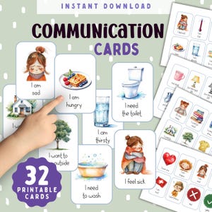 May include: A collection of 32 printable communication cards with watercolour illustrations. The cards display phrases such as "I am hungry," "I feel sick," and "I need the toilet." The cards are available for instant download and are designed for communication.