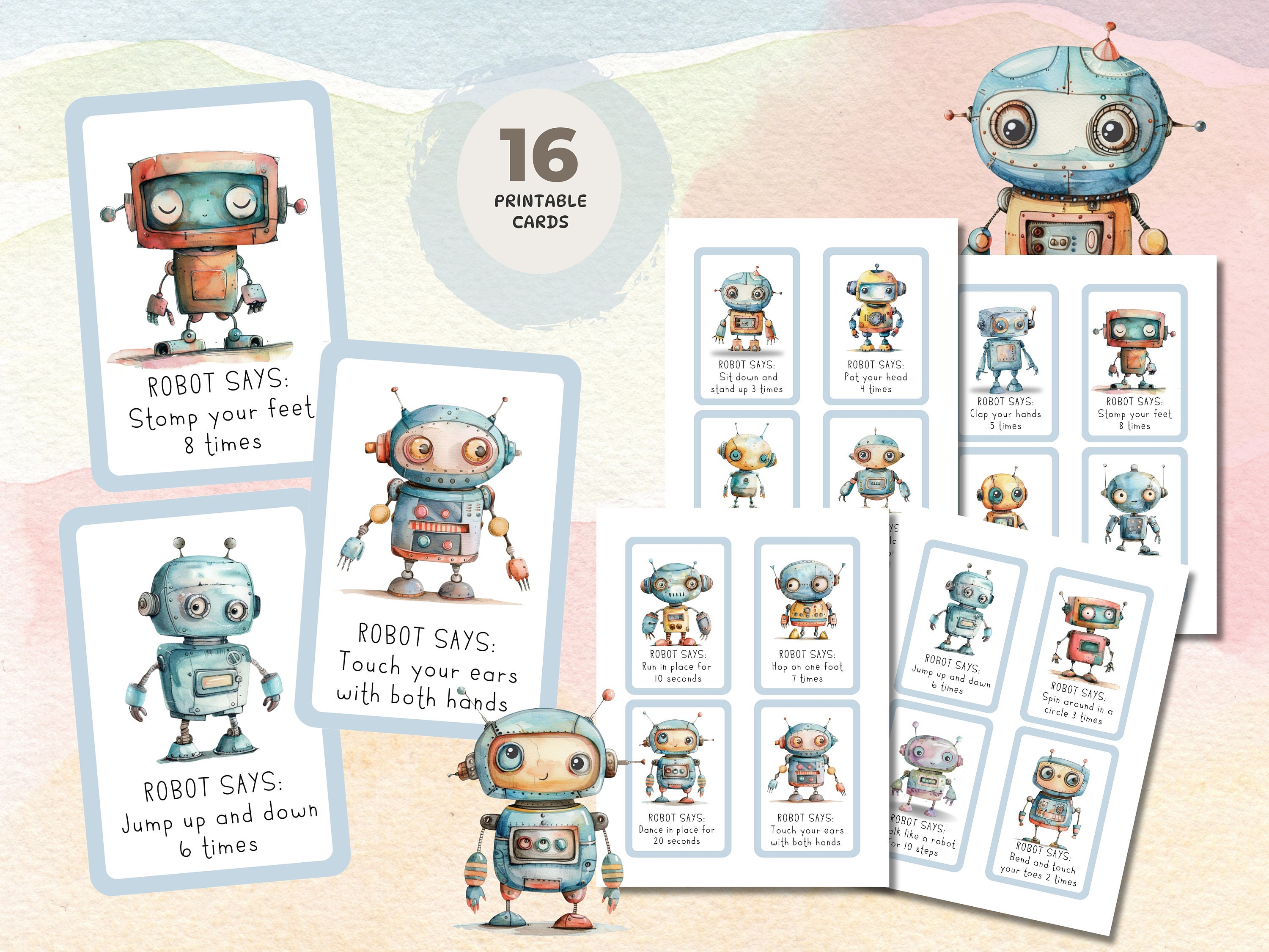 ROBOT SAYS Movement Cards, Simon Says Kids Exercises Flash Cards for ...