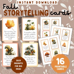 Könnte beinhalten: Ein Set aus 16 druckbaren Herbst-Storytelling-Karten mit Anregungen zum kreativen Schreiben. Die Karten zeigen Aquarellillustrationen von Herbstblättern, Kürbissen und Eichhörnchen. Die Worte "Fall Storytelling cards" und "Instant Download" stehen oben.