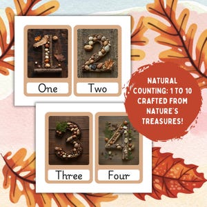 May include: A set of four colorful cards with numbers 1 through 4 made from natural materials like nuts, twigs, and leaves. The cards are labeled with the words "One", "Two", "Three", and "Four". The text "NATURAL COUNTING: 1 TO 10 CRAFTED FROM NATURE'S TREASURES!" is on the cards.