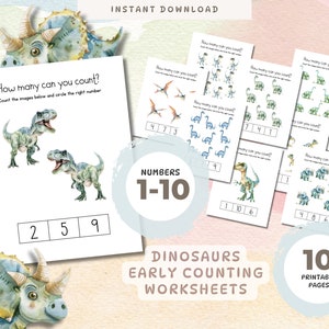1-10 Dinosaurs Maths Worksheets, Early Counting Printables Numbers 1-10 for Kindergarten Toddler Activities Homeschool, Montessori materials