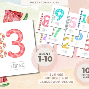Numeri di decorazione per l'aula ESTIVA da 1 a 10, display per l'aula di conteggio anticipato, poster con numeri ad acquerello, arredamento per l'aula a tema estivo