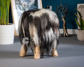 Handmade white&dark multicolor brown Wooden stool with Natural Sheepskin | Wooden chair | Pouf