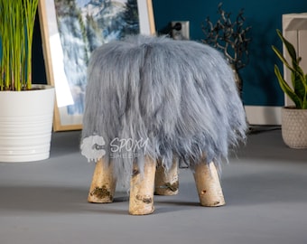 Gray stool with Natural Sheepskin | Wooden chair | Pouf