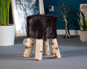 Handmade black Wooden stool with Natural Cowhide | Wooden chair | Pouf