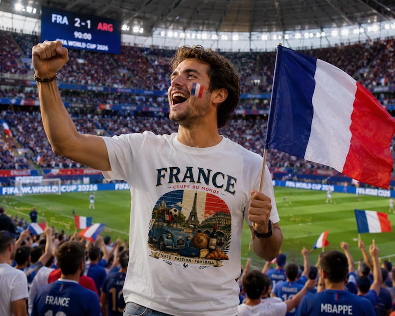 May include: A white t-shirt featuring a graphic print with the text FRANCE, COUPE DU MONDE, FIERTE, PASSION, FOOTBALL, depicting the Eiffel Tower, a blue vintage car, a soccer ball, a bottle of wine, and a croissant against a French flag background.