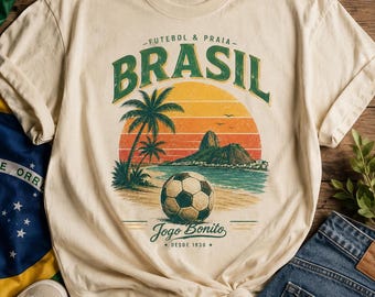 Brazil Soccer Shirt Retro Vintage | Soccer & Praia Tee | Brazil World Cup Shirt | Jogo Bonito Graphic Tee | Beach Football Unisex T-Shirt