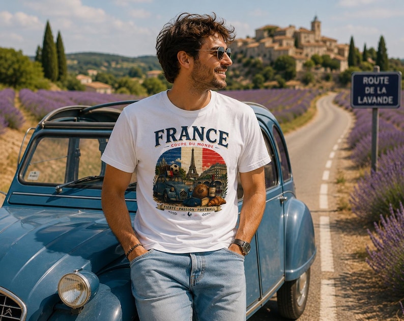 May include: A white short-sleeve t-shirt featuring a graphic print with the text FRANCE COUPE DU MONDE FIERTE PASSION FOOTBALL. The design includes a blue car, the Eiffel Tower, a soccer ball, a bottle of wine, and a croissant over a flag.