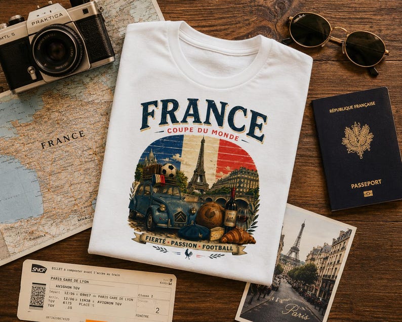 May include: A white t-shirt featuring a graphic print with the text FRANCE COUPE DU MONDE and FIERT&Eacute; PASSION FOOTBALL. The design includes a blue car, a soccer ball, the Eiffel Tower, a bottle of wine, bread, and a croissant against a French flag.