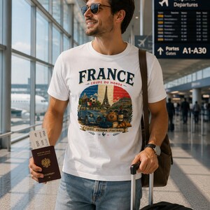 May include: A white short-sleeved t-shirt featuring a graphic print with the text FRANCE COUPE DU MONDE and FIERTE PASSION FOOTBALL. The design includes a blue vintage car, the Eiffel Tower, a soccer ball, wine, and a croissant.