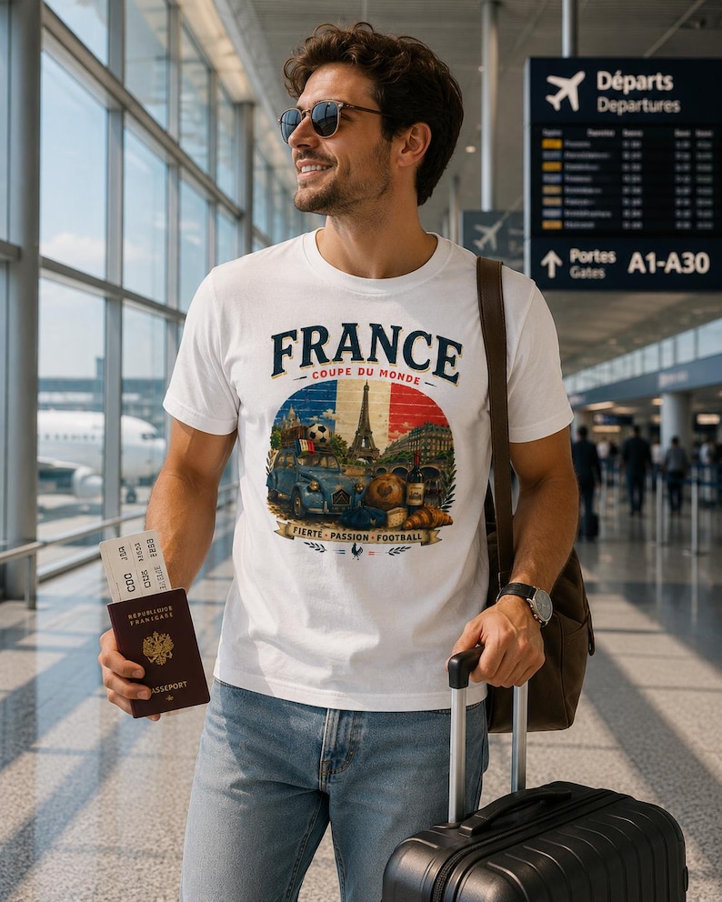 May include: A white short-sleeved t-shirt featuring a graphic print with the text FRANCE COUPE DU MONDE and FIERTE PASSION FOOTBALL. The design includes a blue vintage car, the Eiffel Tower, a soccer ball, wine, and a croissant.