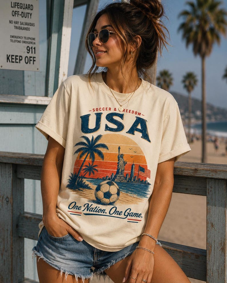 May include: Cream-colored t-shirt with a graphic featuring "USA" in blue, a soccer ball, palm trees, and the Statue of Liberty. The text "One Nation. One Game." is below the graphic. The shirt is worn with denim shorts.
