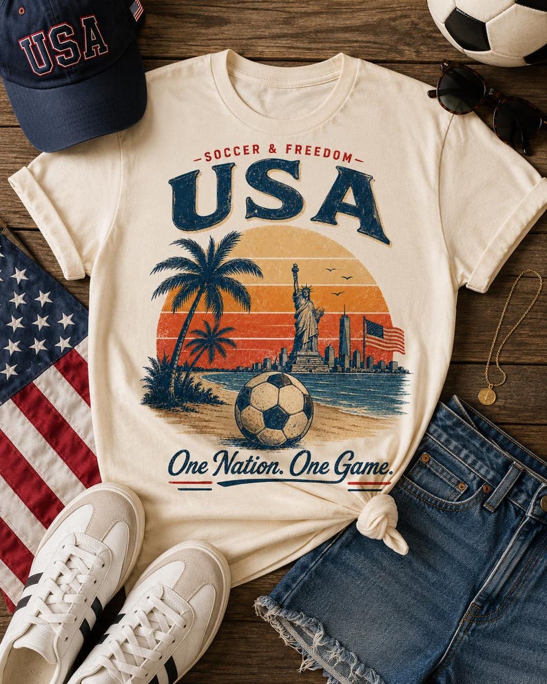 May include: Cream-colored t-shirt with a graphic of a soccer ball on a beach with palm trees, the Statue of Liberty, and the text "USA". A navy blue baseball cap and denim shorts are also visible.