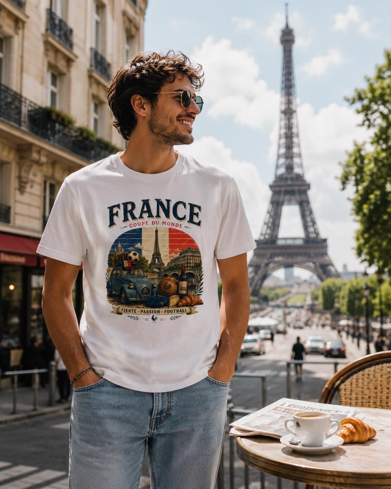 May include: A white short-sleeved t-shirt featuring a graphic print with the text FRANCE, COUPE DU MONDE, and FIERTE-PASSION-FOOTBALL. The design includes a blue car, a soccer ball, a bottle of wine, cheese, a croissant, and the Eiffel Tower.