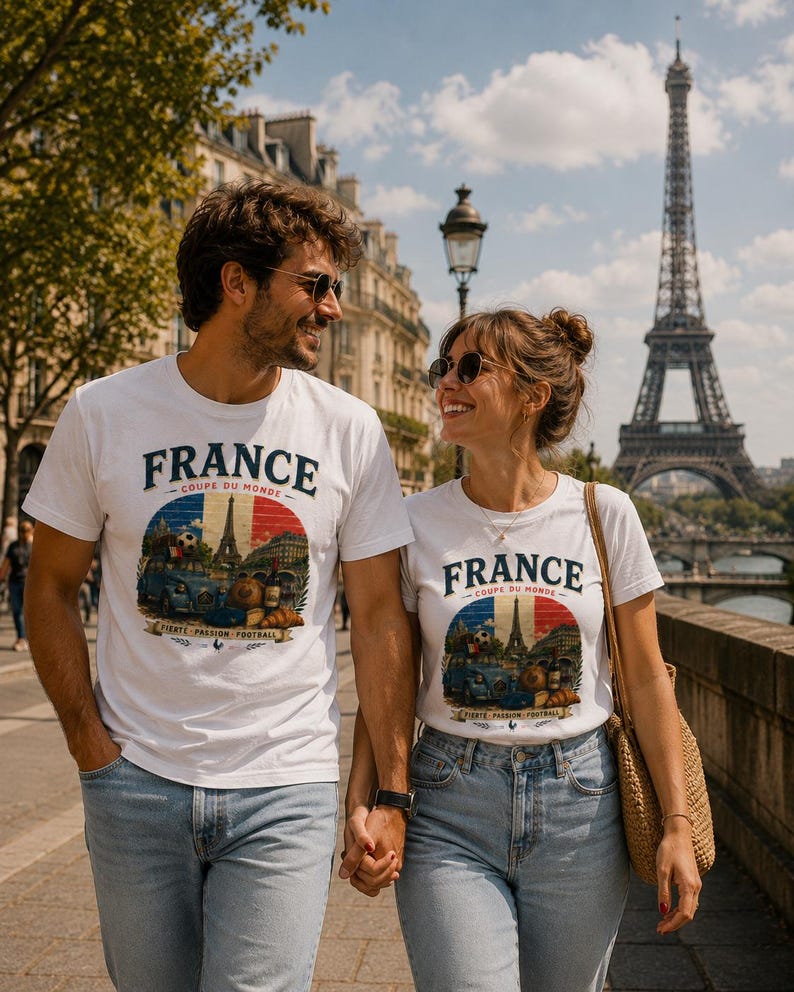 May include: Two white t-shirts featuring a graphic print with the text FRANCE COUPE DU MONDE, FIERTE PASSION FOOTBALL. The design includes a blue car, a soccer ball, a croissant, a wine bottle, and the Eiffel Tower against a French flag background.