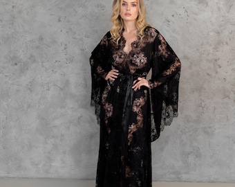 Kimono negro, bata transparente, bata, kimono, bata kimono, bata de lujo, bata de lujo, bata elegante, bata transparente, ropa de estar por casa