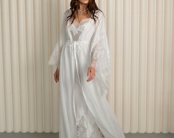 Wedding Robe Set, Bride Robe, Bridal Robe, Wedding Lingerie, Wedding Robe, Lace Robe, White Kimono, Silk Robe, Silk Getting Ready Robe
