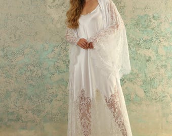 Wedding Robe Set, Bride Robe, Bridal Robe, Wedding Lingerie, Wedding Robe, Lace Robe, White Kimono, Kimono Robe, Kimono Getting Ready Robe