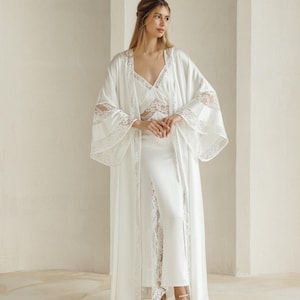 Pure Silk Robe and Nightgown, Wedding Robe Set, Bride Robe, Bridal Robe, Wedding Robe,  White Kimono, Kimono Robe, Kimono Getting Ready Robe
