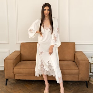 Wedding Robe Set, Bride Robe, Bridal Robe, Wedding Lingerie, Wedding Robe, Lace Robe, White Kimono, Kimono Robe, Kimono Getting Ready Robe