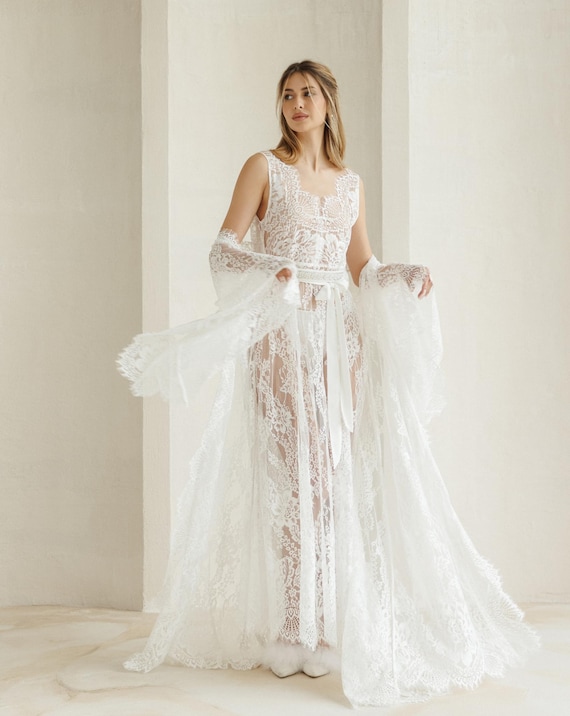 Camicia da notte in pizzo Eline, completo da sposa, vestaglia da