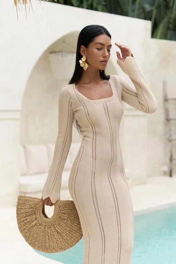 Beige Lace-trimmed Knit Dress, Stylish Crochet Design for Beach  
