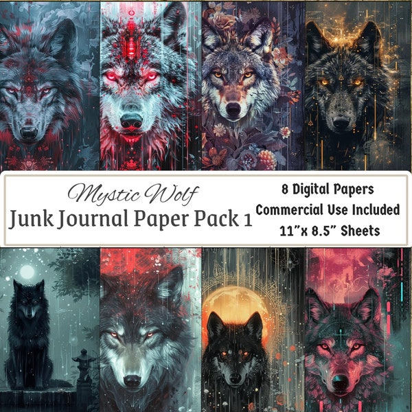 Mystic Wolf Junk Journal Pages, Digital Scrapbook Paper Kit, Gothic Werewolf Printable,  BOS Grimoire, Dark Collage Sheet, Vintage Ephemera