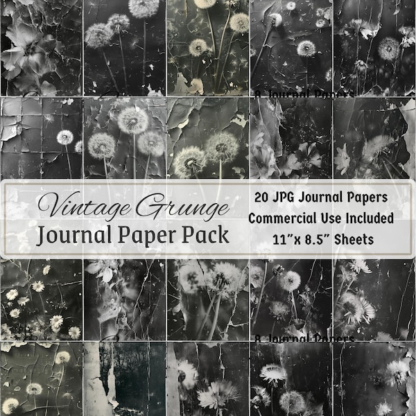 20 Vintage Grunge Floral Goth Junk Journal Digital Paper 11x8.5", Black Dandelion, Cracked Textured, CU JPG Scrapbook Digital Overlay Dark