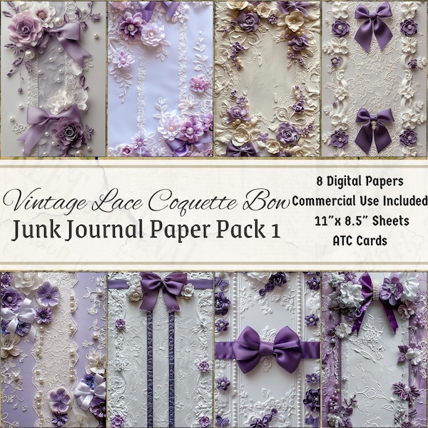 Coquette Bow Junk Journal Paper Printable Mixed Collage Pages Purple White JPG 11"x 8.5" Ephemera Scrapbook Instant Digital Download Vintage