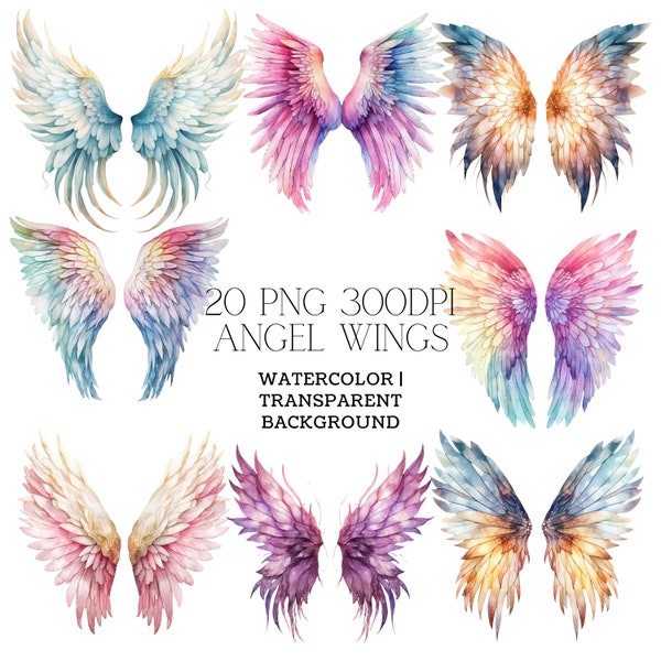 Angel Wings Clipart | 20 PNG & SVG | Fairy Wing Sublimation Transparent Background | Commercial Use | Printable Digital Download Watercolor