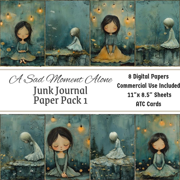 Junk Journal Pages Digital Paper Collage Sheet Dark Academia "A Sad Moment Alone" ATC Cards Printable Vintage Antique Blue Depressed