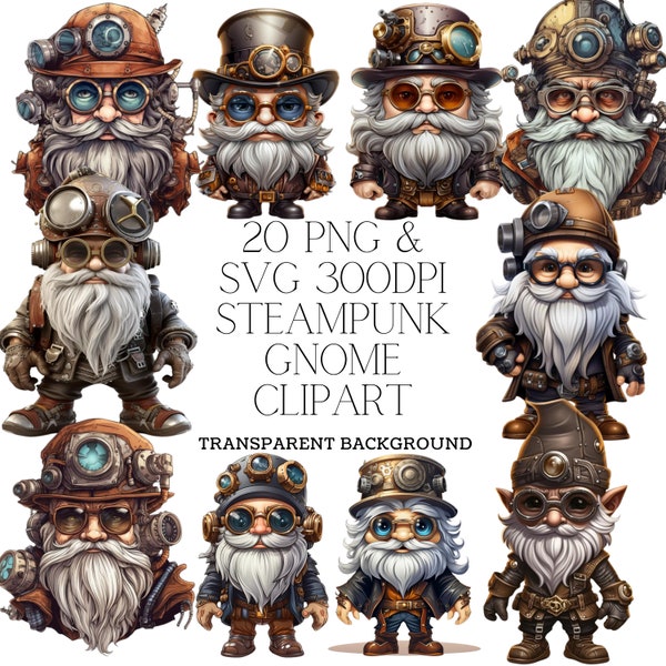 Steampunk Gnome Clipart Bundle | Steampunk Clip Art 20 PNG SVG Graphics Sublimation, Transparent Background Commercial Use Printable