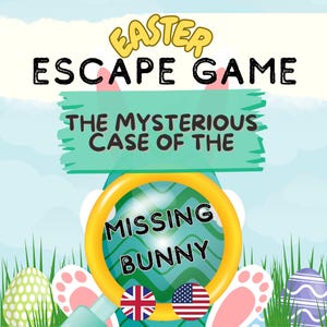 Peut inclure: Un jeu d'évasion de Pâques intitulé "L'affaire mystérieuse du lapin disparu". Le jeu présente une loupe avec un fond vert et les mots "Lapin disparu" à l'intérieur. La loupe est entourée d'un anneau jaune et est posée sur la tête d'un lapin. Le lapin porte une paire de lunettes de soleil avec les drapeaux américain et britannique. L'arrière-plan est un ciel bleu avec des nuages blancs.