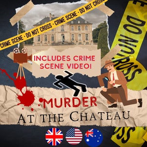 Puede incluir: Un póster de investigación de la escena del crimen con un fondo de papel rasgado. El póster presenta un detective de dibujos animados, una cinta de la escena del crimen, una silueta de un cuerpo y un castillo en el fondo. El texto en el póster dice "Incluye video de la escena del crimen! Asesinato en el castillo".
