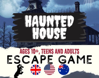May include: A spooky haunted house escape game for ages 10 and up. The game features a black sign with white text that reads "Haunted House Escape Game". The sign is in front of a spooky house with a ghost in the sky. The game is available in English, American, and Australian versions.