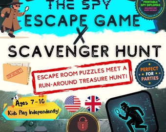 Spy Birthday Party Game | Kids Secret Agent Scavenger Hunt | Printable Detective Escape Room | Indoor Treasure Hunt DIY Kit Ages 7-10