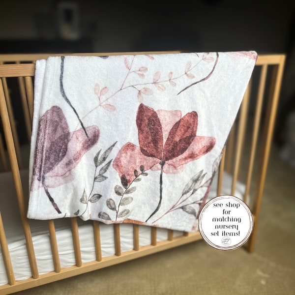 Personalized Name Wildflower Watercolor Minky Blanket,Matching Boho Nursery,Custom Floral Baby Name Blanket,Pressed Dried Flower Gift,Emma