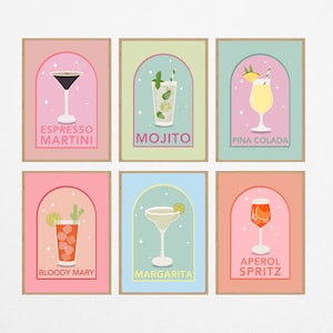 Retro Cocktail Poster, Set van 6, Bar Cart Print, Happy Hour Wall Art, Kleurrijke Gallery Wall Set, Aperol Spritz, Drinks Decor