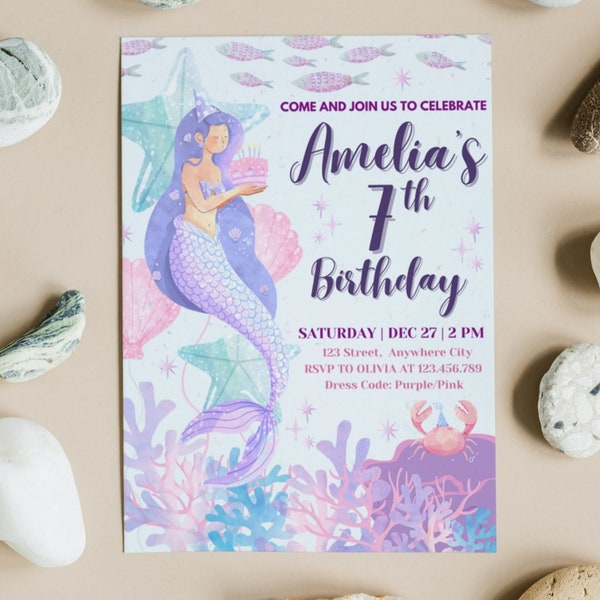 Girls Mermaid Under the Sea Theme 7th Birthday Invitation Pastel Purple Pink Blue Party Digital Phone Invitation Editable Canva Template