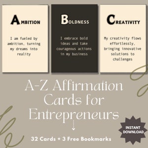 A-Z Affirmation cards for Entrepreneurs + 3 Free Bookmarks - Digital Download