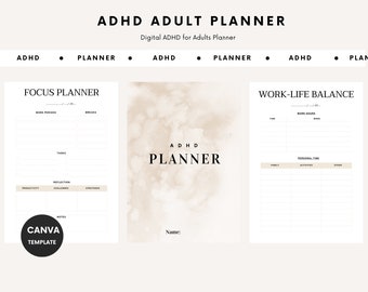 May include: Three printable planner pages for adults with ADHD. The first page is a focus planner with sections for work periods, breaks, tasks, productivity, challenges, strategies, and notes. The second page is a simple planner with the text "ADHD Planner". The third page is a work-life balance planner with sections for work hours, family, activities, and other.