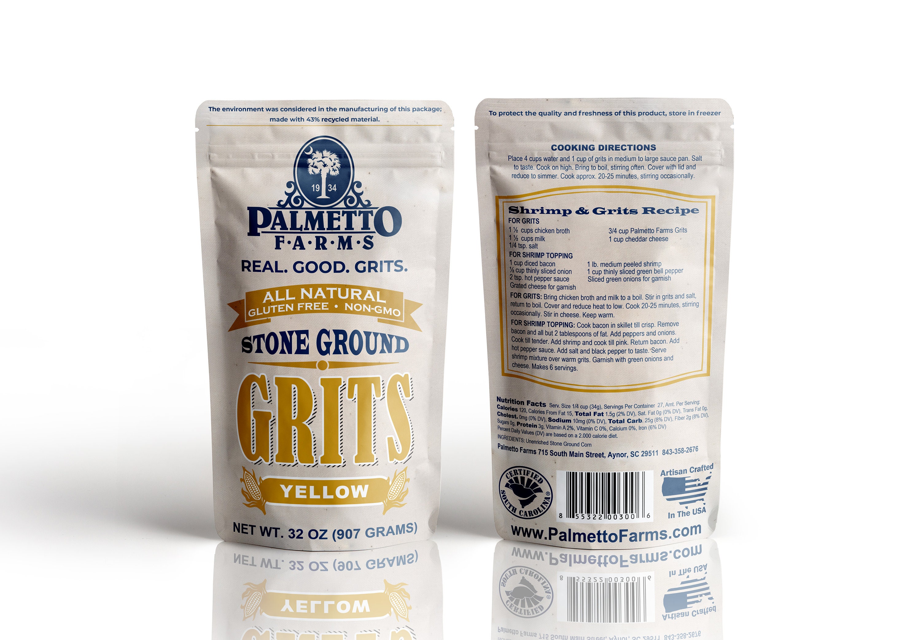 Palmetto Farms Yellow Stone Ground Grits Non-GMO Gluten Free 32 oz