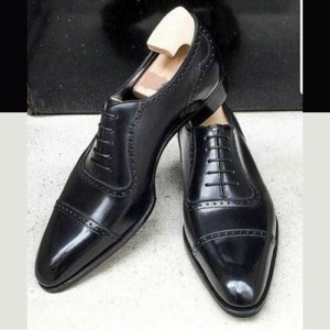 New Handmade Genuine Black Leather Oxford Cap Toe Lace up Dress Formal ...