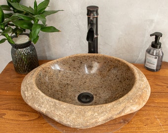 Lime Stone Sink, River Stone Vessel Sink, medium sized: 13*17.3 in, Natural Stone Sink,Farmhouse Personalized Bathroom Sink,