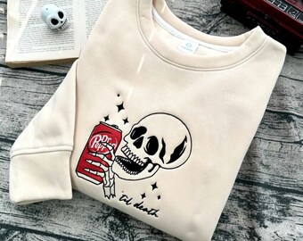Till Death Dr Pepper Version Skull Embroidered Sweatshirt, Skeleton Halloween Embroidered Hoodie, Cute Skeleton drinking Dr. Pepper Sweater