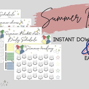 May include: A printable summer bundle with a Harry Potter theme. The bundle includes a weekly schedule, summer chores, a summer bucket list, a daily schedule, and a summer reading log. The pages are decorated with a Hogwarts house crest and stars.